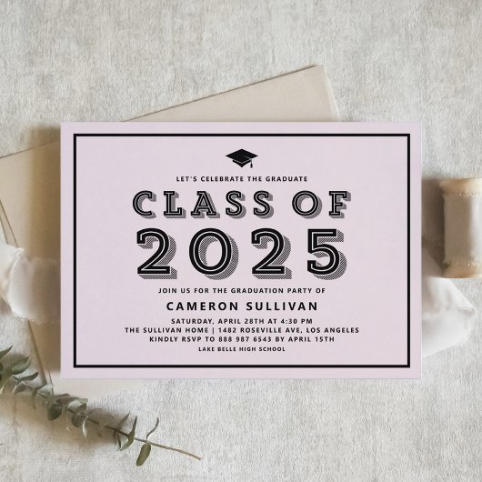 Invitation Classe rose et noir de 2025 Casquette Rétro Gradua
