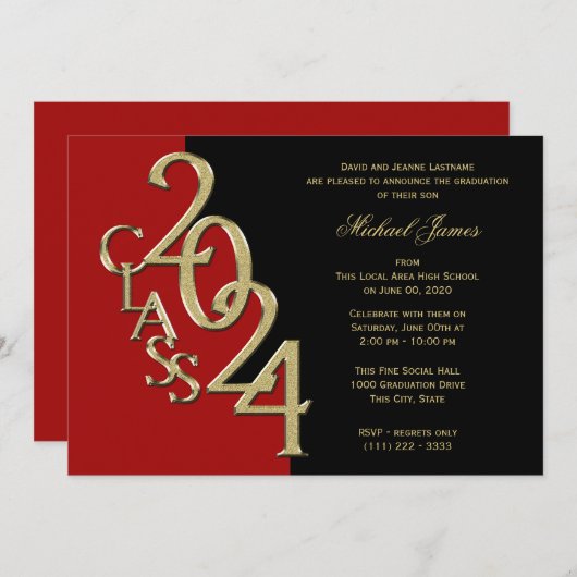 Invitation Classe rouge et or de 2024 Grad avec option couleu (Devant / Derrière)