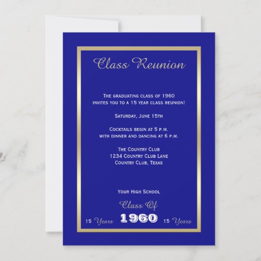 Invitation Classe secondaire Réunion Classique Bleu Or Accent (Devant)