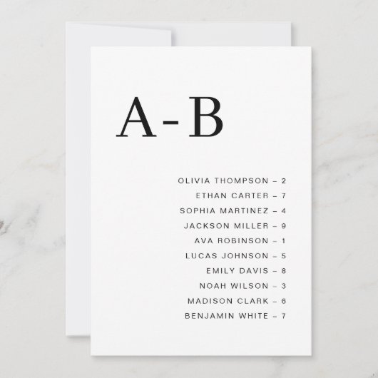 Invitation Classic Alphabetical Wedding Seating Chart Card (Devant)