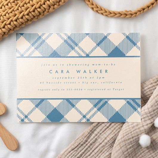 Invitation Classic Baby shower Boy Bleu Clair Beige Plaid