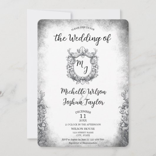 Invitation Classic Baroque Botanique Mariage Crest Monogramme (Devant)