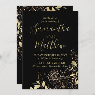 Invitation Classic Black & Gold Peony Moderne Floral Mariage