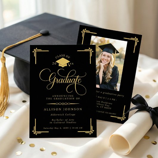 Invitation Classic Black Gold Photo Graduation