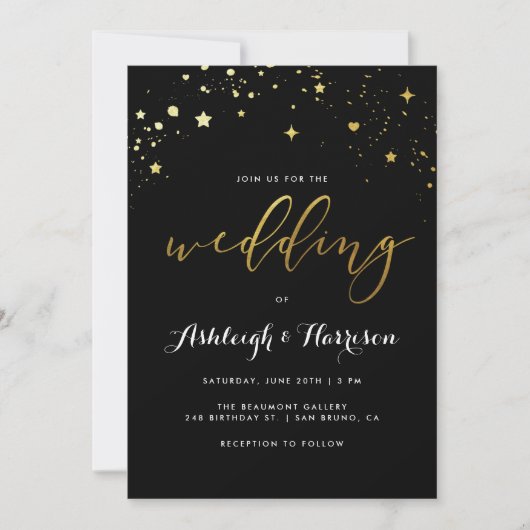 Invitation Classic Black & Gold Star Confetti Mariage (Devant)