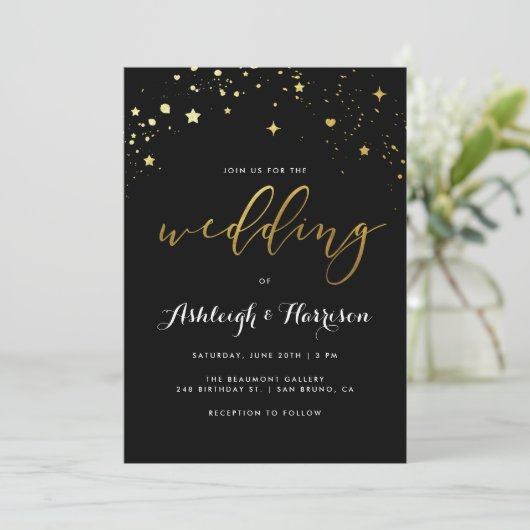 Invitation Classic Black & Gold Star Confetti Mariage (Debout devant)