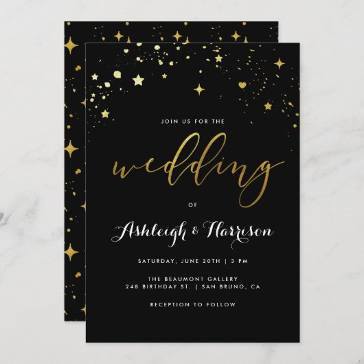 Invitation Classic Black & Gold Star Confetti Mariage (Devant / Derrière)