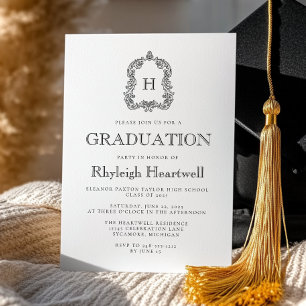 Invitation Classic Black Monogram Crest Graduation Party