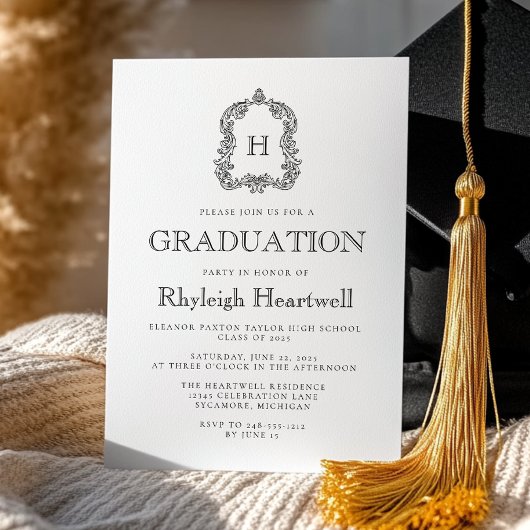 Invitation Classic Black Monogram Crest Graduation Party