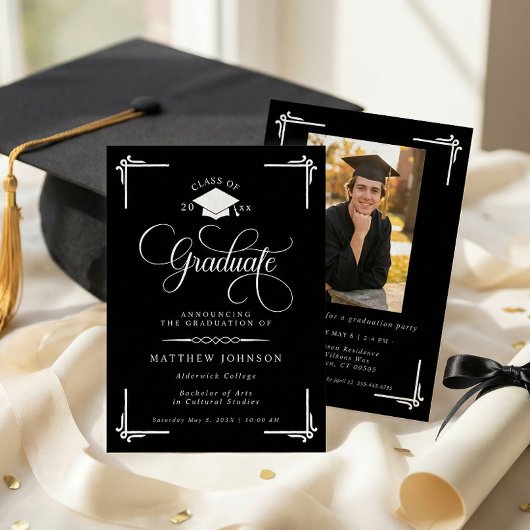 Invitation Classic Black White Photo Graduation