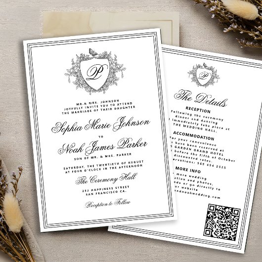 Invitation Classic black white QR formal monogram wedding 