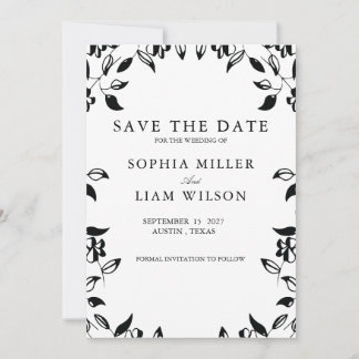 Invitation Classic Black White WEDDING Floral Save the Date 