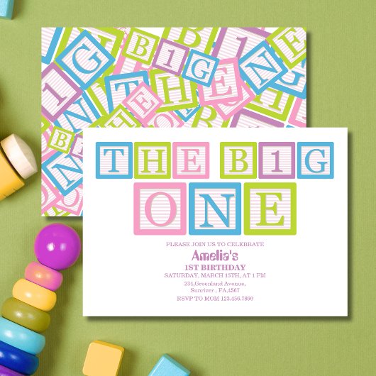 Invitation Classic Blocks Theme Simple First Birthday Invitat