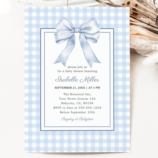 Invitation Classic Blue Bow En vichy Baby shower garçon