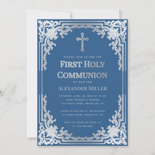 Invitation Classic Blue Faux Croix d'argent Boy First Communi (Devant)