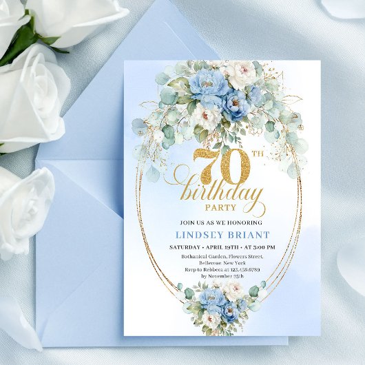 Invitation Classic Blue Floral Eucalyptus 70th Birthday Invit
