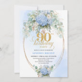 Invitation Classic Blue Floral Gold Greenery 90th Birthday  (Devant)