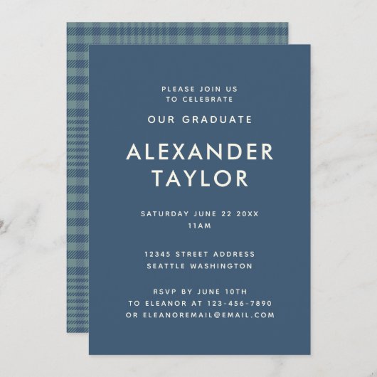Invitation Classic Blue Glen Plaid Motif Graduation (Devant / Derrière)