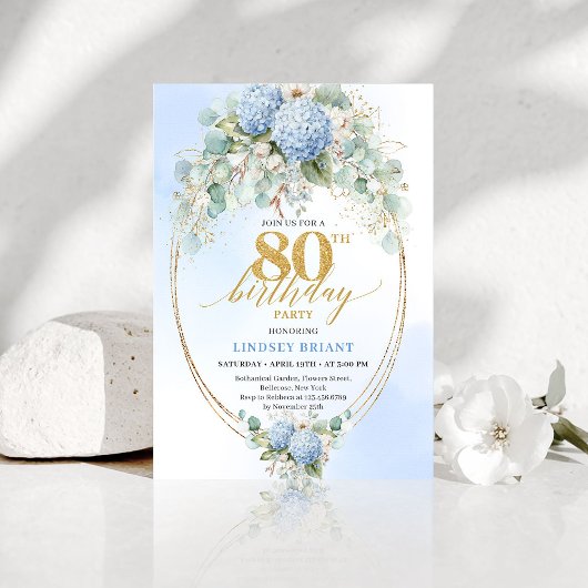 Invitation Classic Blue Hydrangea Gold 80 Birthday Celebrate