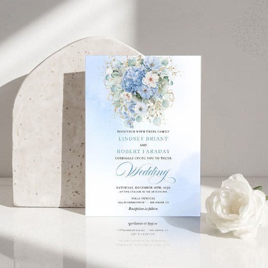 Invitation Classic Blue Hydrangea Gold Floral Wedding Invite