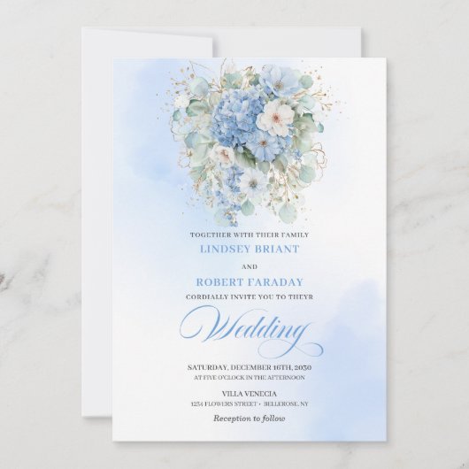 Invitation Classic Blue Hydrangea Gold Floral Wedding Invite (Devant)