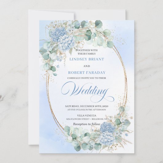 Invitation Classic Blue Hydrangea Wheat Gold Wedding Invite (Devant)