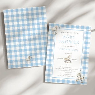 Invitation Classic Blue Plaid Horse Rocking Baby Boy Douche