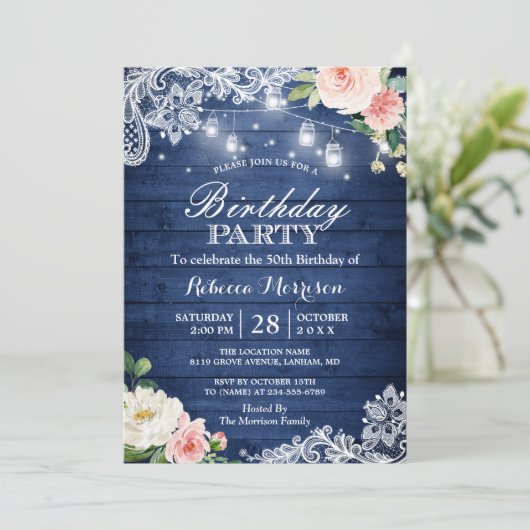 Invitation Classic Blue String éclaire Floral Anniversaire (Debout devant)
