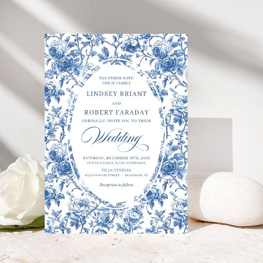 Invitation Classic Blue Toile de Jouy Roses Timeless Wedding