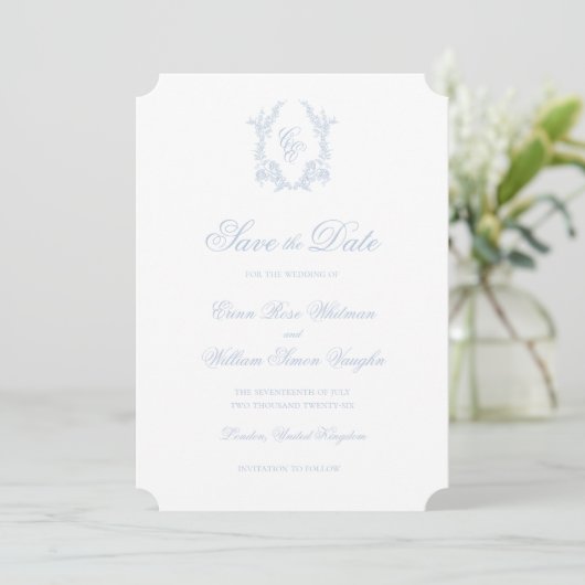 Invitation Classic Blue Wedding Crest Save The Date Invite (Debout devant)