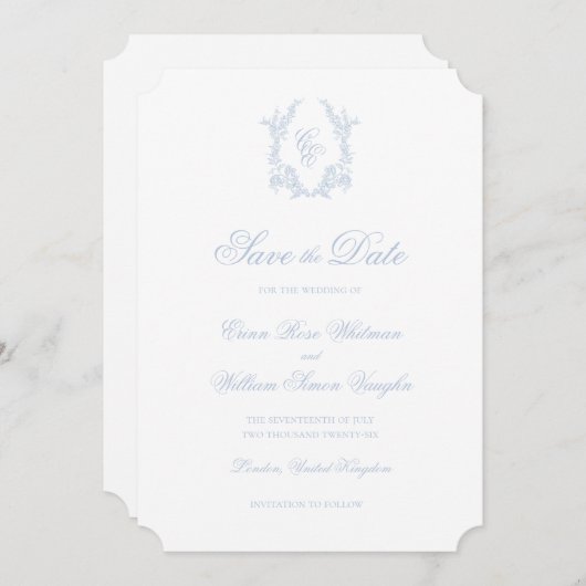 Invitation Classic Blue Wedding Crest Save The Date Invite (Devant / Derrière)