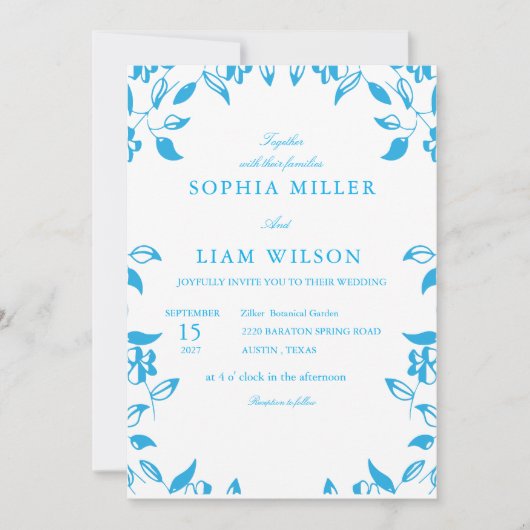 Invitation classic blue  wild flowers wedding invite (Devant)