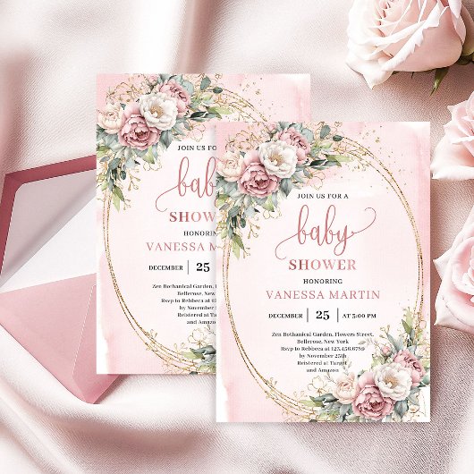 Invitation Classic Blush Pink Floral Eucalyptus Baby Shower