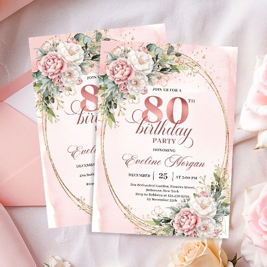 Invitation Classic Blush Pink Flowers Greenery 80th Birthday