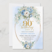 Invitation Classic Bohemian Blue Flowers 90th Birthday Invite (Devant)