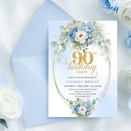 Invitation Classic Bohemian Blue Flowers 90th Birthday Invite