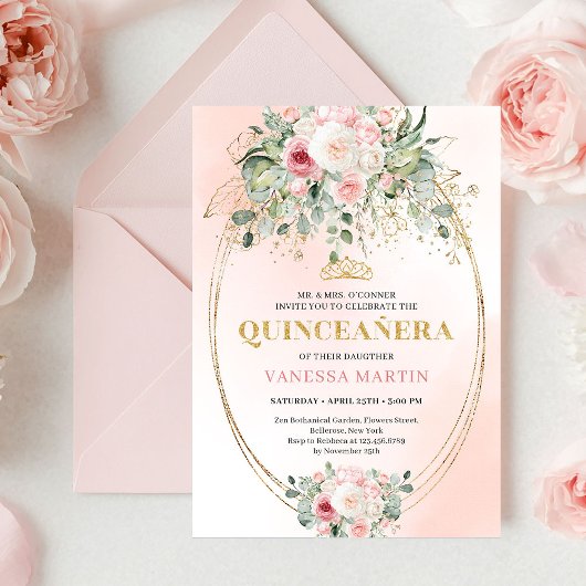 Invitation Classic Boho Blush Pink Floral Rustic Quinceañera