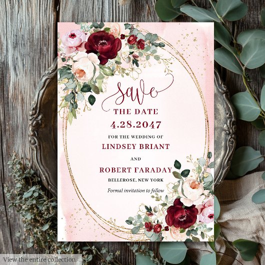 Invitation Classic Boho Burgundy Blush Gold Roses Save Date
