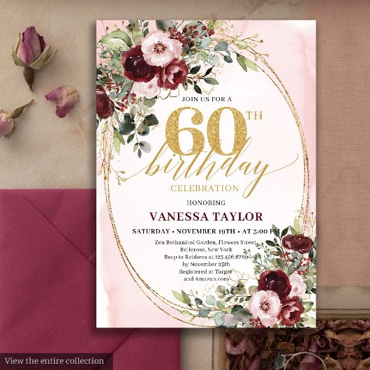 Invitation Classic Boho Burgundy Blush Roses 60th Birthday