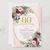 Invitation Classic Boho Burgundy Blush Roses 60th Birthday (Devant)