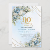 Invitation Classic Boho Dusty Blue White Floral 90th Birthday (Devant)