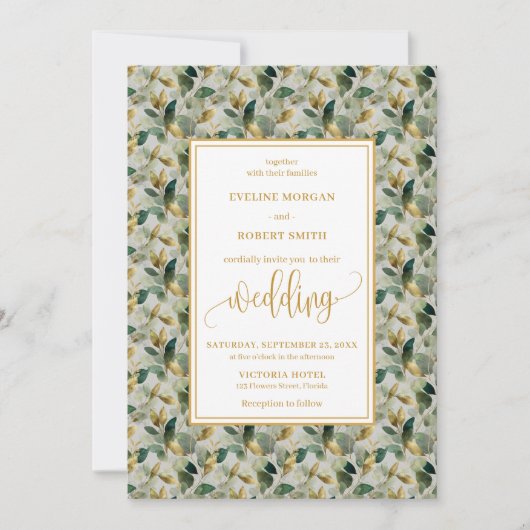 Invitation Classic Boho Forest Green Gold Eucalyptus Mariage (Devant)