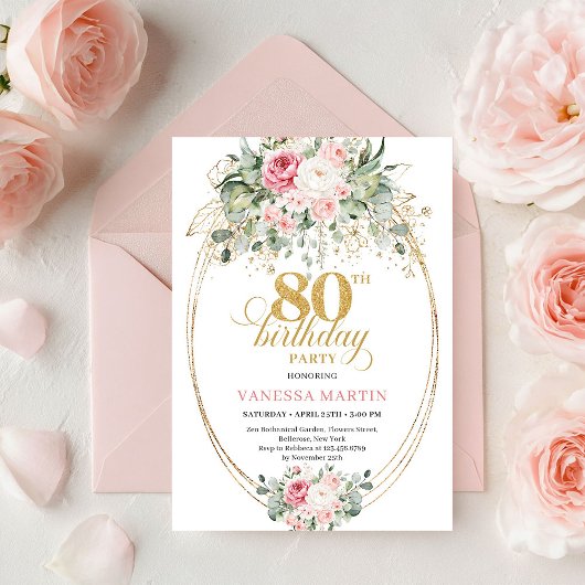 Invitation Classic Boho Minimalist Blush Floral 80th Birthday