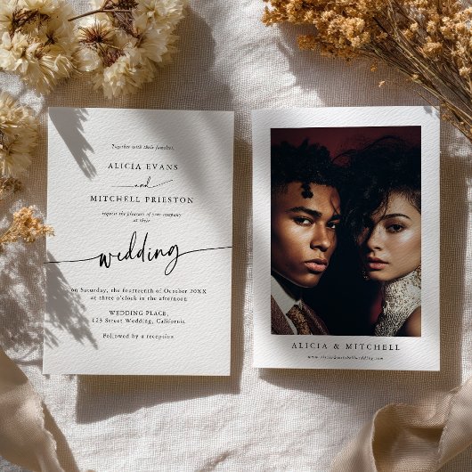 Invitation Classic Boho Minimalist Script Wedding Photo
