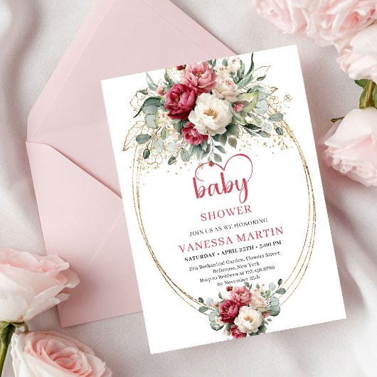 Invitation Classic Boho Red White Floral Gold Baby Shower