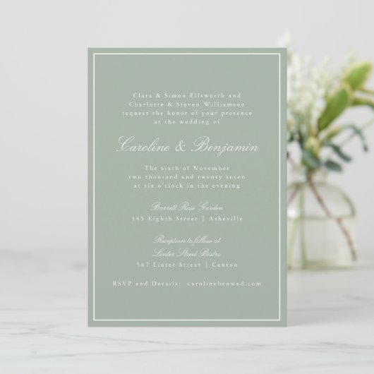 Invitation Classic Border Script Elegant Wedding Sage RSVP (Debout devant)