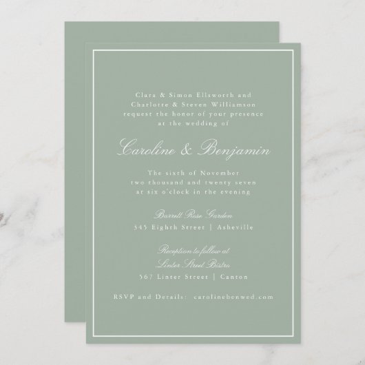 Invitation Classic Border Script Elegant Wedding Sage RSVP (Devant / Derrière)