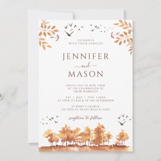 Invitation Classic Brown automne paysage Feuille Mariage QR (Devant)