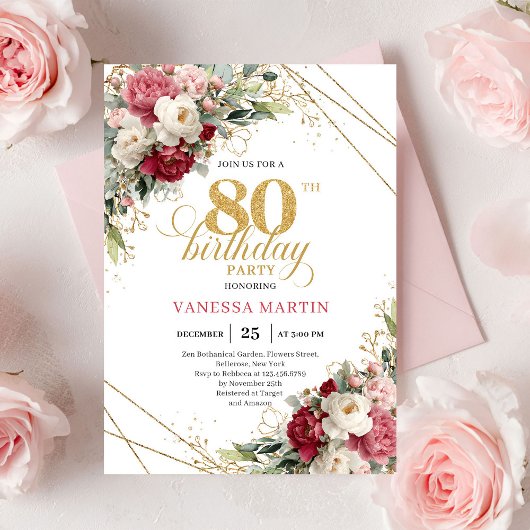 Invitation Classic Burgundy Blush Gold 80th Birthday Invite
