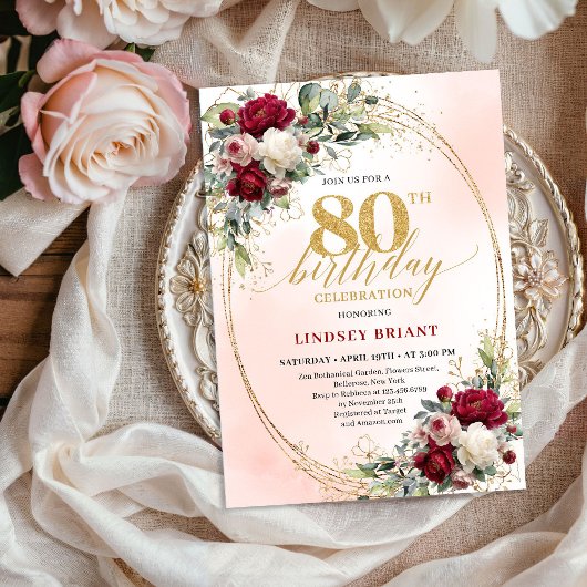 Invitation Classic Burgundy Boho Floral 80th Birthday Invite
